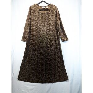 Kathie Lee Woman Long Sleeve Leaf Print Maxi Dress Size 14 16 Brown Green‎